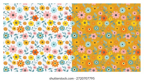 Beautiful pattern in small abstract flower.  Small cute simple spring flowers. White and orange background. Small colorful flowers.