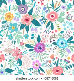 Beautiful Pattern In Small Abstract Flower. Small Colorful  Flowers. White Background. Small Cute Simple Spring Flowers.