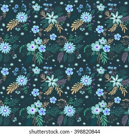 Beautiful pattern in small flower. Small blue flowers. Dark blue background.