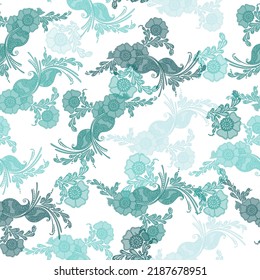 Beautiful pattern in small flower. Small colorful flowers. White background. Seamless print made of small multicolored flowers and blue leaves.