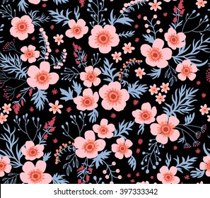 Beautiful pattern in small flower. Small pink flowers. Black background. Seamless floral pattern.