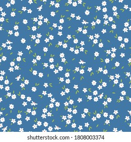 Beautiful pattern in a small flower. Small white flowers on a blue background. Ditsy flower background. Elegant template for fashionable prints.