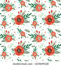 Beautiful pattern with small red flower. Small colorful flowers. White background. Ditsy floral background.  