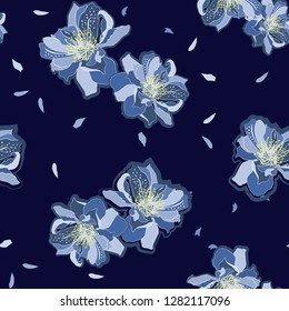 Beautiful Pattern with spring cherry blossom or sakura flowers blooming ,seamless pattern in vector design for fashion ,fabric ,web,wallpaper and all prints on navy blue backgroud color