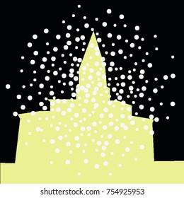 A beautiful pattern in the style of a holiday, a church in the snow and confetti. Stars around the church, snow around the church. Castle. Vector illustration for your projects.