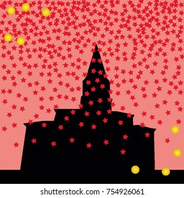 A beautiful pattern in the style of a holiday, a church in the snow and confetti. Stars around the church, snow around the church. Castle. Vector illustration for your projects.