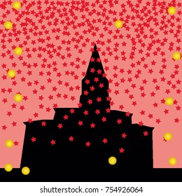 A beautiful pattern in the style of a holiday, a church in the snow and confetti. Stars around the church, snow around the church. Castle. Vector illustration for your projects.