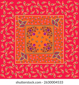 Beautiful pattern for tablecloth, scarf, napkin, bag, square carpet with paisley, flowers, leaves, berries on orange and scarlet background. Beautiful print for fabric in boho style.