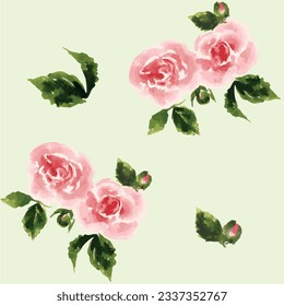 Beautiful pattern of tender pink roses and green leaves 