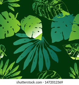 Beautiful pattern of tropical leaves freehand drawing. Sketch leaf monstera and other tropical plants colorful green gradient EPS8 vector illustration