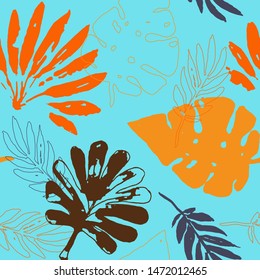 Beautiful pattern of tropical leaves freehand drawing. Sketch of monstera leaves and other tropical plants orange on blue EPS8 vector illustration