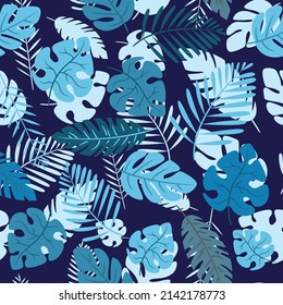 Beautiful pattern with tropical plants. Background with palm leaves in blue.