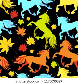 Beautiful pattern of unicorns on a black background-Autumn leave