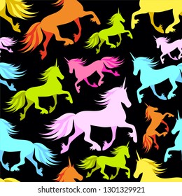 Beautiful pattern of unicorns on a black background_unicorns for print