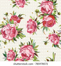 Beautiful pattern in vintage style with spring peony flowers. Floral seamless background