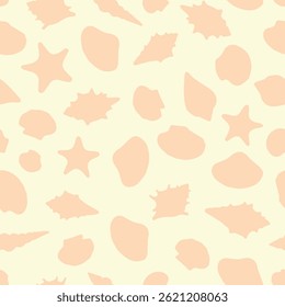 Beautiful pattern with watercolor painted sea shells, snails and starfish on white background