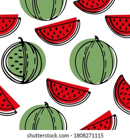 Beautiful pattern with watermelons. Vector illustration. Seamless picture on a bright background.
