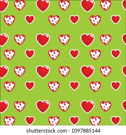 Beautiful pattern: white-red hearts on a bright green background. For textiles, fabrics. Romantic stylish print, texture in the style of pop art. Vector.