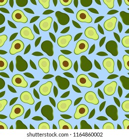 Beautiful patterned background with avocado on blue background.
Template for fabric, paper, wallpaper. Vegetarian background.