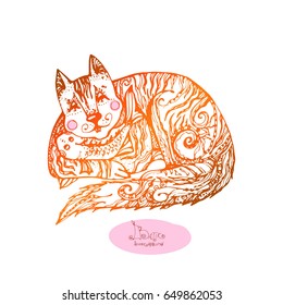 Beautiful patterned batik background of Cat. Print. Design element.