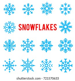 Beautiful patterned blue winter snowflakes. Christmas winter elements isolated on white background.