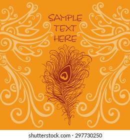 Beautiful patterned frame with peacock feather in vintage style. Space for text.