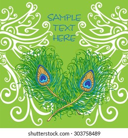 Beautiful patterned frame with peacock feather in vintage style. Space for text.