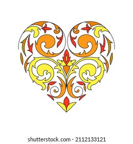 Beautiful patterned heart in yellow, orange and red tones. Bright floral pattern on a white background. Great design element for romantic cards, congratulations and wedding invitations.