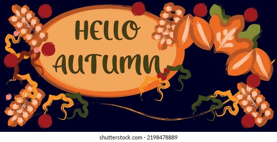 Beautiful patterns created by autumn leaves. Orange yellow green and red on a blue background. Hello autumn.