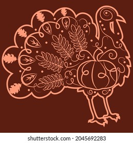 Beautiful patterns of leaves, branches and pumpkin on a dark background, silhouette of a turkey for Thanksgiving Day. Vector illustration