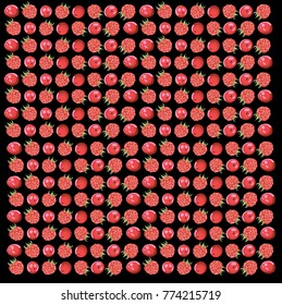 Beautiful patterns of raspberries and cranberries on a black background.