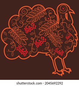Beautiful patterns of twigs of leaves, branches of red rowan berries on a dark background, silhouette of a turkey for Thanksgiving Day. Vector illustration