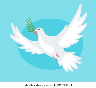 Beautiful peace dove holding olive branch in the beak on blue background. Vector illustration.