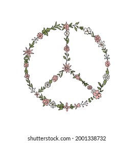 Beautiful Peace Symbol With Flower Leaves Hippie Drawing Logo Vector Illustration Template Icon Design 