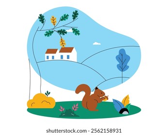 Beautiful and peaceful countryside, a small house is located among the hills, there is a squirrel eating nuts, the grass is fresh green and small flowers, ecosystem vector illustration.