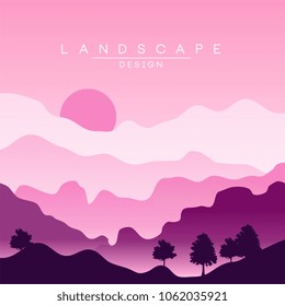 Beautiful peaceful landscape, purple mountain ranges at sunset, nature background for banner, flyer, poster and cover, vector ilustration