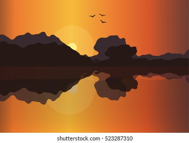 a beautiful peaceful landscape; vector illustration; minimalism; a sunset or sunrise on lake with flying birds; a realistic square banner; a forest line on the horizon
