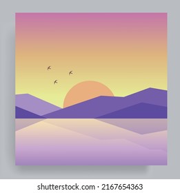 Schöne und ruhige minimalistische flache geometrische Landschaft Vektorgrafik. See umgeben von Bergen mit Sonnenuntergang und Vögel fliegen im Hintergrund. Reisen, Natur, Hintergrund, Poster, Titelbilder.