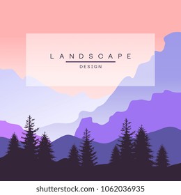 Beautiful peaceful mountain landscape in purple colors, nature background for banner, flyer, poster and cover, vector ilustration