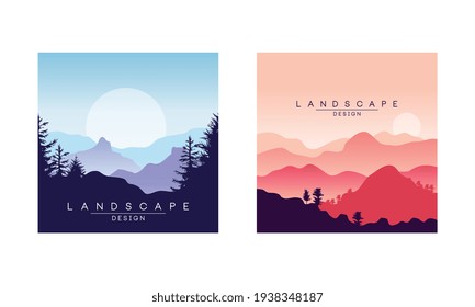 Beautiful Peaceful Mountain Landscape at Sunrise and Sunset, Majestic Nature Background, Banner, Poster, Cover Set Vector Illustration