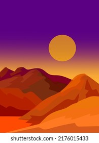 Beautiful peaceful mountain landscape at sunset and sunrise, majestic nature background, banner, poster, cover set vector illustration.
