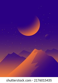 Beautiful peaceful mountain landscape at sunset and sunrise, majestic nature background, banner, poster, cover set vector illustration.