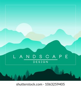 Beautiful peaceful mountains and hills landscape in day time, nature background in green colors for banner, flyer, poster and cover, vector ilustration