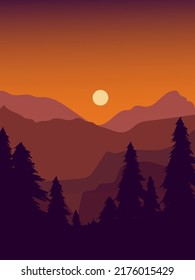 Beautiful peaceful mountainwith full moon landscape at sunset and sunrise, majestic nature background, banner, poster, cover set vector illustration.