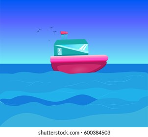 Beautiful and peaceful sailing illustration with boat, ocean, birds and sunrise. Perfect travel card design. Cute fully editable vacation picture drawn in vector by hand.