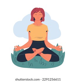 Beautiful peaceful woman meditating on nature. Meditation practice, harmony, healthy lifestyle cartoon vector illustration