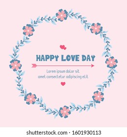 Beautiful peach flower frame and unique leaf pattern, for happy love day greeting card template design. Vector
