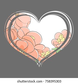Beautiful peach flowers in the heart on a gray background
