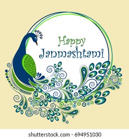 Beautiful Peacock background with floral feather for Indian Festival Krishna Janmashtami, The birthday of Lord Krishna