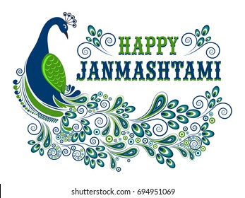 Beautiful Peacock background with floral feather for Indian Festival Krishna Janmashtami, The birthday of Lord Krishna